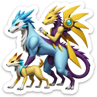 Colorful Futuristic Meloetta-Manectric-Solgaleo-Raikou-Wargreymon-Sergal-Pokémon-Digimon-Fakémon-fusion-hybrid-creature sticker