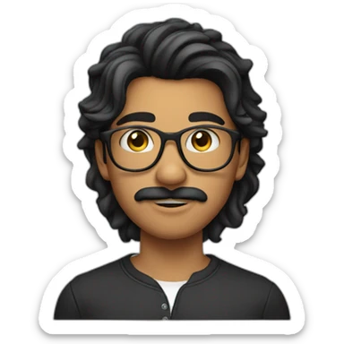 Indian teenager, with moustache and a goatee, with long wavy black hair, wearing glasses sticker