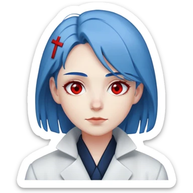 emoji de Personaje con ojos rojos, cabello azulado, ropa oscura y un abrigo blanco, con una sonrisa leve , y una expresión serena, que refleja tranquilidad y seguridad sticker