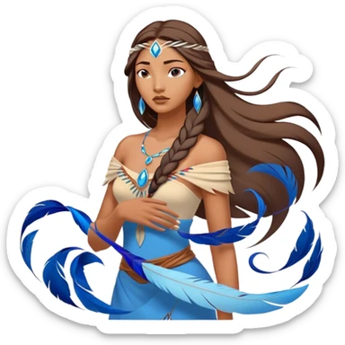 Cinematic Elegant Pocahontas Portrait Emoji, Standing serenely with a blue wind swirl around her, soft feathers in her hair, a tranquil yet powerful gaze, beauty beyond time, an ethereal aura of connection with nature, regal and enchanting! sticker