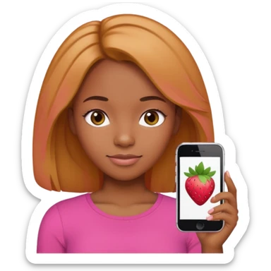 black girl with olive skin, hair blending strawberry blonde and brunette tones to look natural, pink top, slight smile, Apple iPhone emoji style sticker