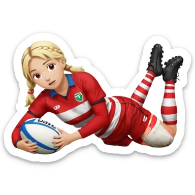Emoji estilo iPhone de Chica de pelo rubio tirada en el suelo boca abajo agarrando un balón DE RUGBY con las manos vestida con una equipación de color rojo y blanco con líneas, manchada de barro y con unas botas de tacos de fútbol y el pelo con trenzas, se la tienen que ver las 2 piernas  sticker