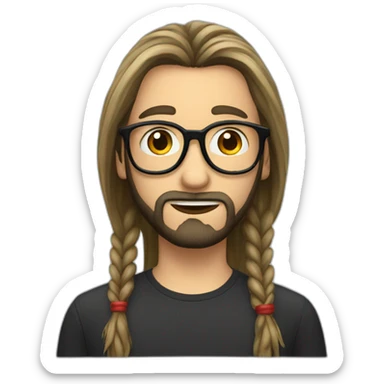 A boy with long tied hair and a beard with elongated glasses with black frames and red lenses sticker