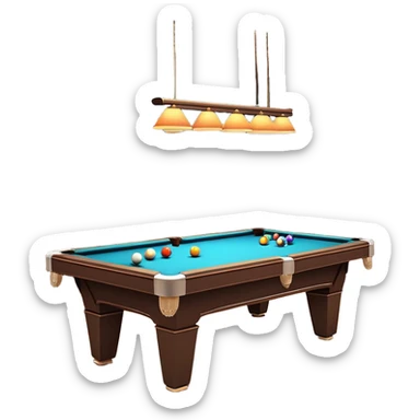 A well-arranged pool table with colorful billiard balls neatly placed, and a cue stick poised to take a shot. The setting is a dimly lit room with a focused atmosphere, highlighting the precision and strategy involved in the game of billiards. sticker