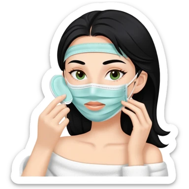 white girl with black hair doing self care, face mask, relaxing sticker