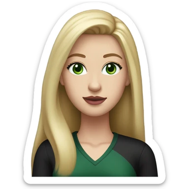 Caucasian woman, long blonde straight hair, dark greens eyes, pink lips, v-cut black long sleeve, eyelashes sticker