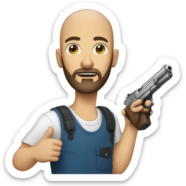 Guy with beard and no hair holding a gun fake pointing sticker