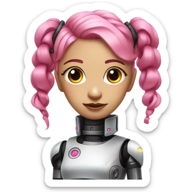 cyborg girl, pink hair, robot body, gynoid, twintails, cyberpunk, black collar, straight hair sticker