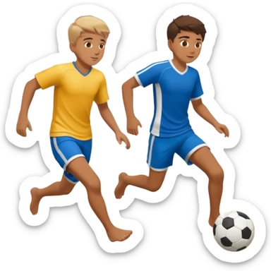 Two boys playing soccer at the beach no shirts. sticker