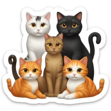 A group of cats, 3 are black, 1 is orange and white, 1 is orange, and 1 is tortoise colored sticker