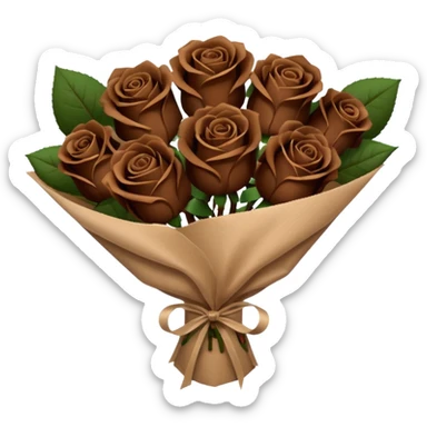 Bouquet of dark brown roses in a paper package sticker