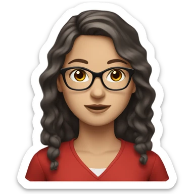 white girl with glasses, dark long wavy hair, dark brown eyes and red shirt  sticker