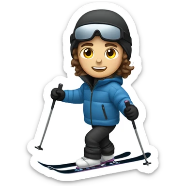 1 white Boy with wavy brown hair skiing with blue skis. He is wearing all black snow pants and a gray jacket   sticker