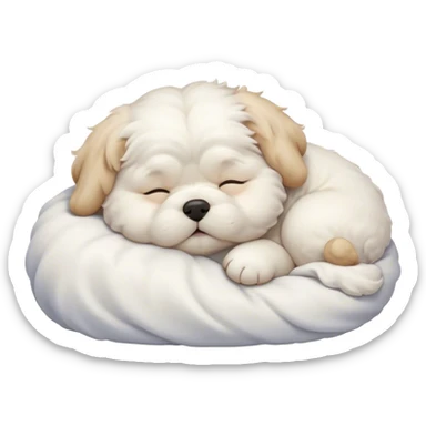 Cinematic Chubby Sleeping Wavy-Haired Maltese dog Portrait Emoji, Chubby and serene, with a round, adorable build and a soft, wavy-haired white coat, eyes gently closed in peaceful slumber, Simplified yet irresistibly endearing features, highly detailed, glowing with a gentle, dreamy glow, high shine, relaxed and content, stylized with a touch of whimsy, bright and heartwarming, soft glowing outline, capturing the essence of a blissfully sleepy companion, so comically serene it feels like it could roll out of the screen and snore with adorable charm! sticker