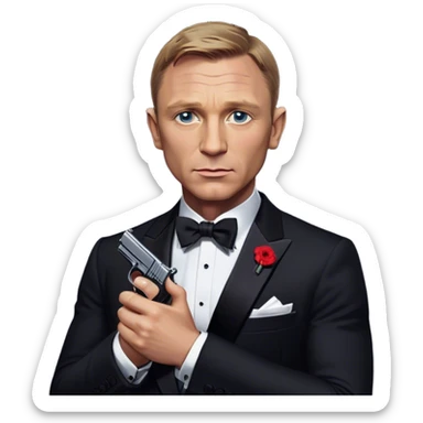 Cinematic Realistic James Bond Daniel Craig Portrait Emoji, depicted as the ultimate suave and enigmatic secret agent, donning a sharply tailored tuxedo, gripping a sleek handgun, with a piercing gaze that exudes confidence and danger. The scene is infused with moody, high-contrast cinematic lighting, evoking the thrilling world of espionage and intrigue. sticker