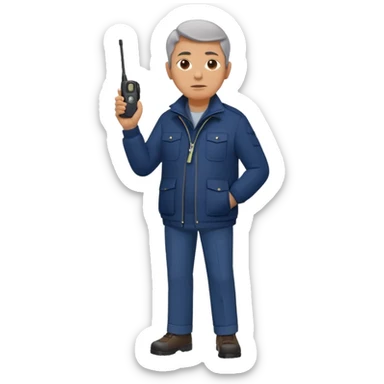 Security, Middle-aged, wearing navy blue jacket, serious facial expression, holding walkie-talkie, full body sticker
