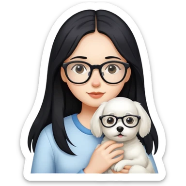 A girl with long black hair and glasses holding a white dog sticker