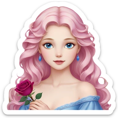 Cinematic Realistic Sleeping Beauty (Aurora) Portrait, with porcelain-like skin featuring a natural rosy flush, illuminated by soft lighting that highlights the gentle contours of her face. Her golden blonde hair flows in soft, detailed waves with subtle highlights that shimmer in the light. Her deep violet-blue eyes radiate warmth and innocence, framed by arched brows and long lashes. With a soft, serene smile, she holds a delicate rose gently in one hand, her other hand resting lightly by her side. She is dressed in her classic pink gown, the fabric rich in texture with delicate folds that catch the light. A golden crown rests atop her head, gleaming with royal refinement. The portrait captures a soft, glowing aura, blending realism with an ethereal sense of beauty and timeless enchantment. sticker