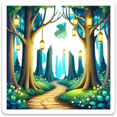 enchanted forest with tall trees and sparkling lights in a whimsical atmosphere sticker