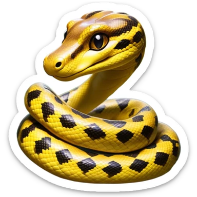 Cinematic Cute Anaconda Portrait Emoji, Head tilted playfully and inquisitively, with a sleek, shimmering body adorned with detailed scale patterns and round, sparkling eyes full of wonder, Simplified yet irresistibly adorable features, highly detailed, glowing with a warm, friendly jungle glow, high shine, affectionate and lively, stylized with a touch of whimsical reptilian charm, soft glowing outline, capturing the essence of a mischievous serpent that feels like it could slither out of the screen into your arms! sticker