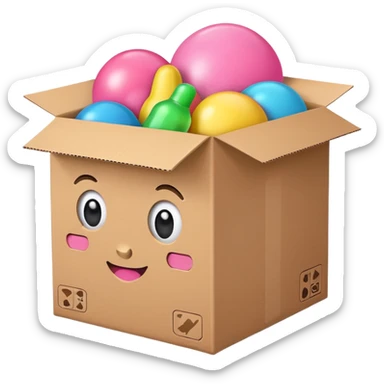 cardboard box with toys, pink sticker