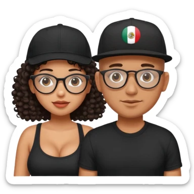 A picture of a cute tanned couple. the man is Mexican, with a bald hair cut wearing a SnapBack hat and a black shirt. the woman is mixed, she has curly longer dark brown hair, thicker and with big boobs and the woman has glasses sticker