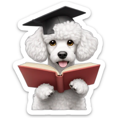 a white coco poodle dog with cute eyes looking at screen with a graduation hat and book sticker