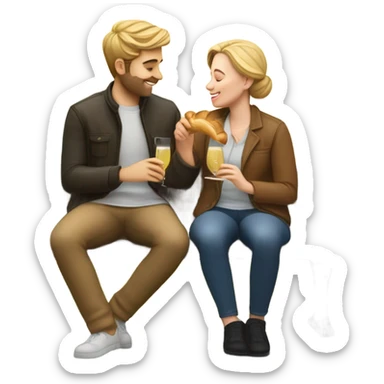 couple of white people sitting closely on a park bench, enjoying a romantic moment. One person is holding a croissant, and the other is holding a glass of Prosecco sticker