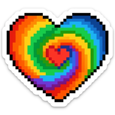 Create a pixel art heart with a rainbow swirl pattern and no background. The style should clearly reflect pixel art characteristics with a swirling rainbow color pattern. sticker