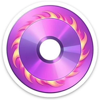 A minimalist CD disc with subtle pink flames, glowing effect, with a purple glow sticker