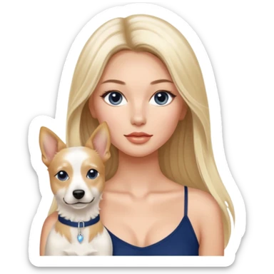 Victoria’s Secret model with long light blonde straight balayage hair, dark blue almond and small eyes, oval face, small lips, skinny long waist, firm legs, White Spaghetti top, with a White belgian dog  sticker