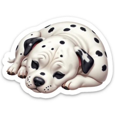 Cinematic Chubby Sleeping Dalmatian Portrait Emoji, Chubby and serene, with a round, plump build and a glossy white coat adorned with distinctive black spots, eyes gently closed in peaceful slumber, Simplified yet irresistibly endearing features, highly detailed, glowing with a gentle, dreamy glow, high shine, relaxed and content, stylized with a touch of whimsy, bright and heartwarming, soft glowing outline, capturing the essence of a blissfully sleepy companion, so comically serene it feels like it could roll out of the screen and snore with adorable charm! sticker