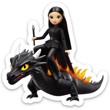 masked, empowered and glamorously dressed, Wednesday Addams Barbie Jedi flying the back of a very large black shiny evil-looking fire-spewing horned dragon. proper scale sticker