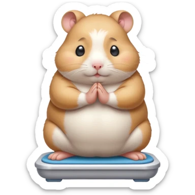 Cute chubby cartoon-style hamster standing on a bathroom scale, looking nervous with praying hands. Painterly shading, closed eyes, white background, sticker-style illustration sticker