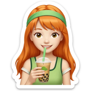Create an emoji of a fair-skinned woman with long orange hair, bangs, and a green headband, holding a cup of bubble tea. sticker