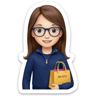 A little girl (he usually calls her baby), who is obsessed with shopping and luxury brands and holds a dozen of bags, she wears navy blue half zip sweater and holds 10 bags and she has long brown hair with Prada eyeglasses. The previous one but with eyeglasses  sticker