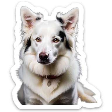 A pure white Border Collie dog sitting, with fluffy fur, alert pointed ears, and friendly expression sticker