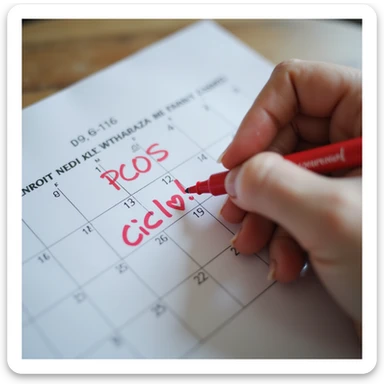 close-up of hands of a woman with PCOS marking the date of her period on a calendar with a red marker, with the word 'Ciclo!' and a heart, vertical 9:16, hyperrealistic 4K details sticker