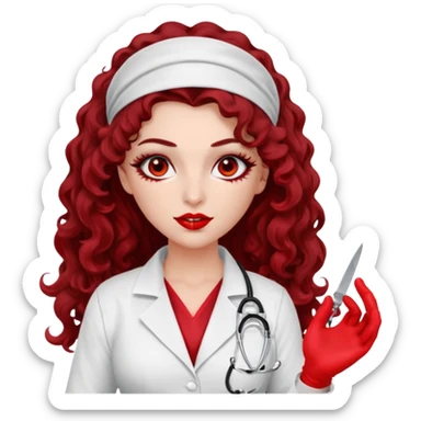 Lilith scalpel in hand, evil surgeon outfit.  She has red eyes. She has dark brown curly hair. Hair is long . Wears sexy doctor outfit with red gloves. Covers nose, neck and mouth with Muslims  sticker