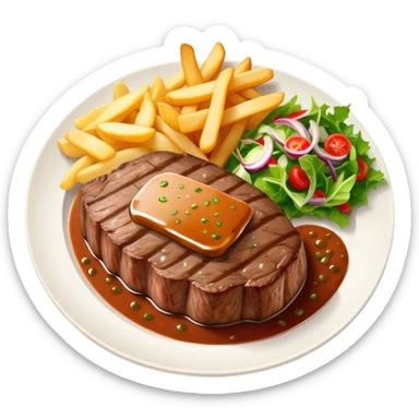 big juicy australian steak meal featuring chips, small salad in a ramiken and gravy  sticker