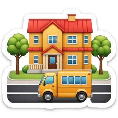 apple style emoji of a truck, package, house, and company building connected by street lines, clear layout, friendly look sticker