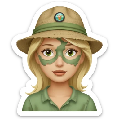 messy green full face clay mask and tourist hat blond woman  sticker