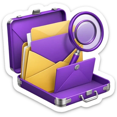 yellow (hex#FFD008) and purple (hex#8C52FF) emojis of a pin, a working case, a folder, a magnifier, an email, an envelope sticker