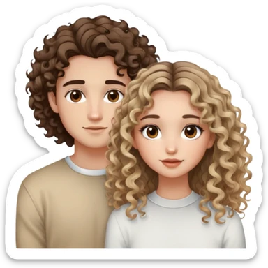 cute girl with curly/wavy balayage brunette hair, brown eyes, clean girl makeup, hoop earrings hanging out with her cute straight hair blondish boyfriend  sticker