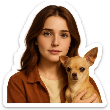 Portrait centered for Instagram profile picture, inspired by the facial features visible in the reference images, with tanned skin and subtle freckles, wearing a shirt color #FFF8CA and a rust-colored jacket, medium-length brown hair with auburn highlights, shy and endearing expression, holding a beige-brown chihuahua, Netflix series style, transparent background, intimate Tenerife ambiance. sticker