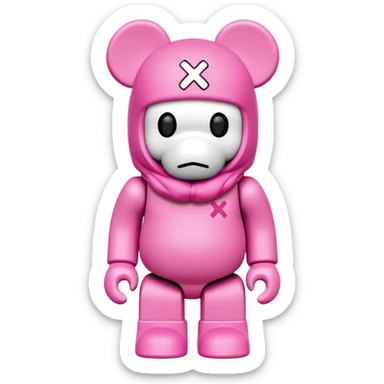 Bearbrick figure with KAWS X eyes wearing a pink balaclava, simplified toy bear shape with articulated limbs sticker