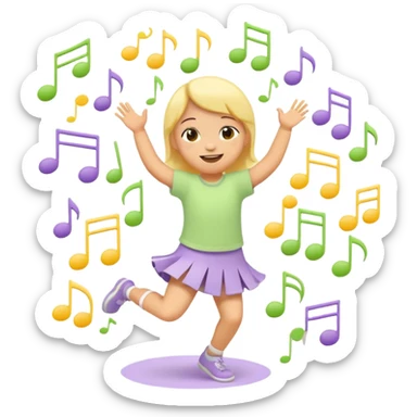 Flat illustration emoji of a small child dancing or moving joyfully to music, musical notes floating around, smiling expression, soft pastel colors (yellow, lavender, light green), rounded shapes, minimal details, child-friendly, warm and playful style sticker