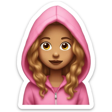 Girl with light brown long hair with hazel eyes with freckles and wearing a pink grinch hoodie sticker