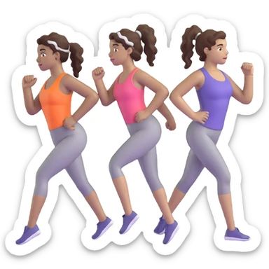 three women friends exercising together, one black woman with curly brown hair, one pale white woman with curly brown hair, and one pale white woman with straight brown hair in a ponytail sticker