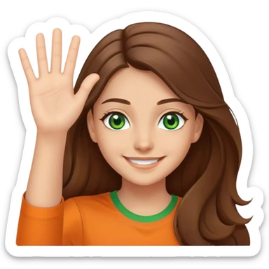 smiling girl with long brown hair, middle hair split, waving, green eyes, orange shirt sticker